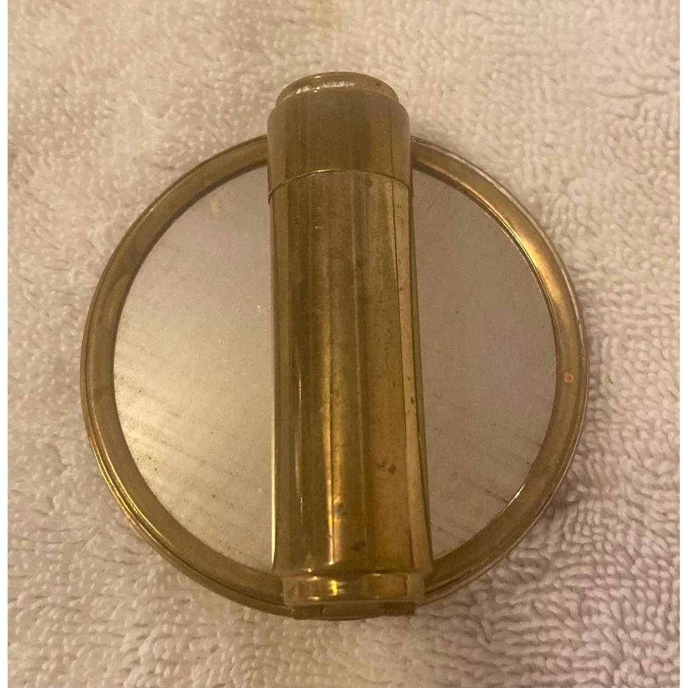 Vintage Brass Compact Mirror Lipstick Holder Blue Rhinestone Filigree Gold Tone